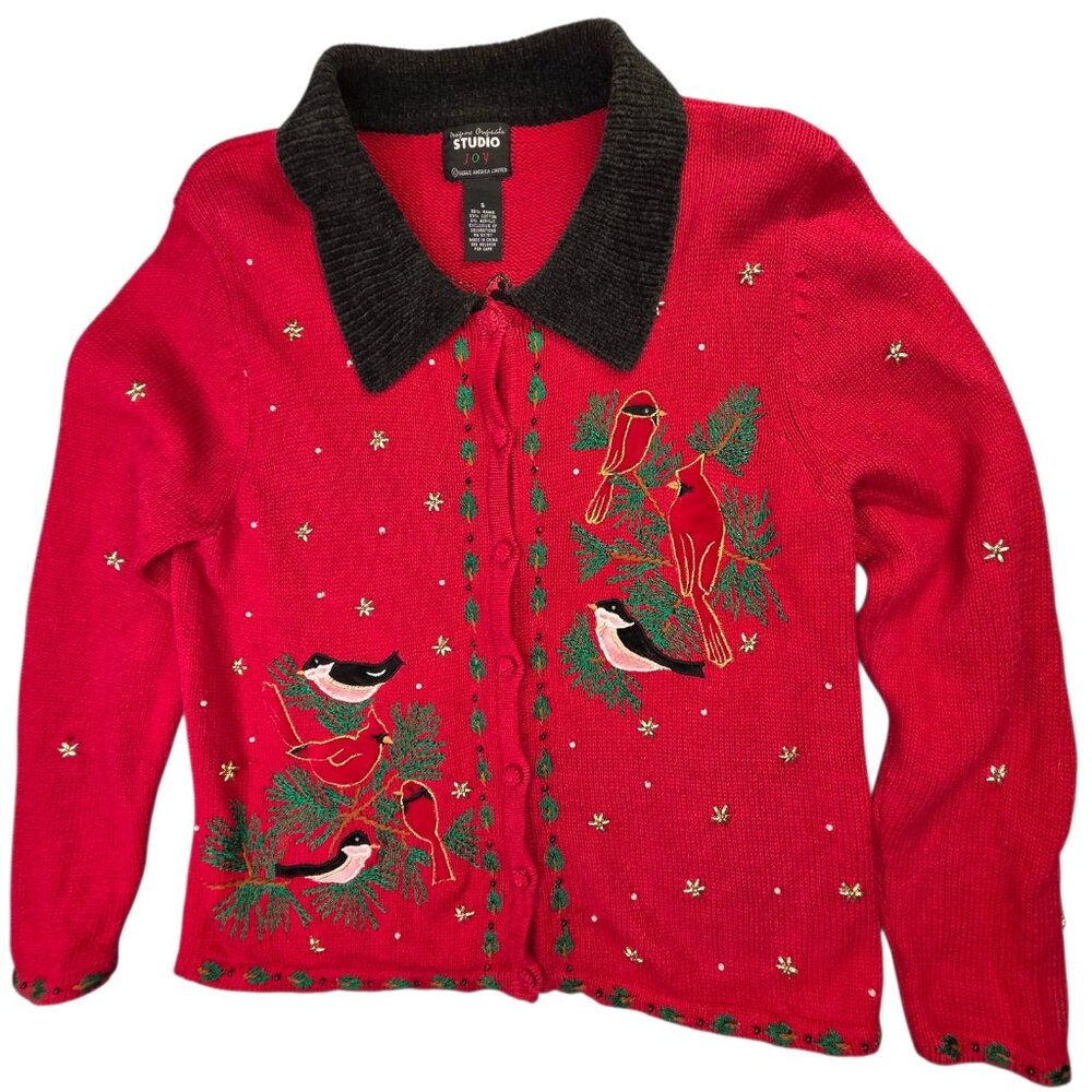 Designers Originals Studio Sweater Women S Red Christmas Cardinal Birds Cardigan